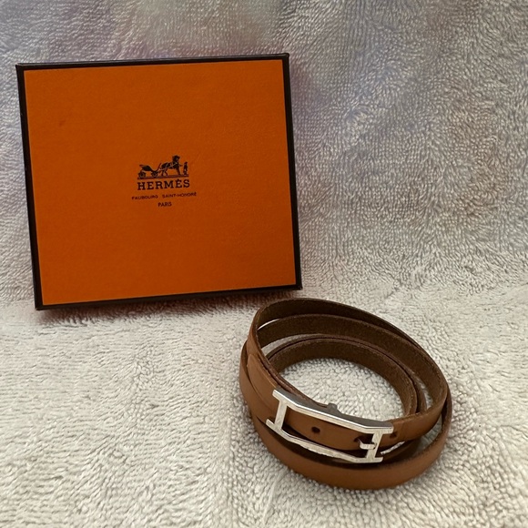 Hermes Brown Leather Bracelet with Silver H Clasp